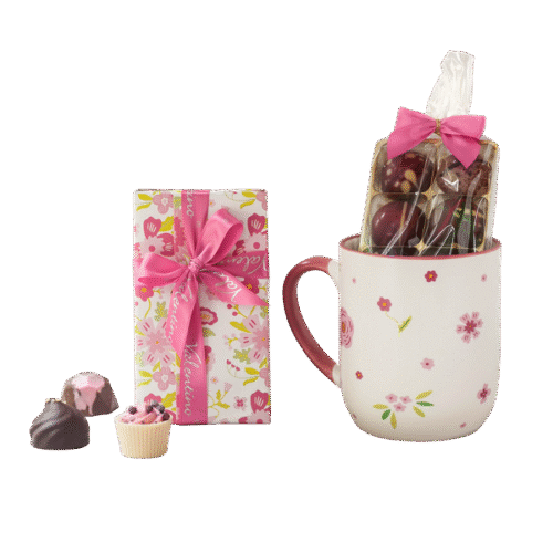 Цветен подарък с чаша от Valentino Chocolatier България. Продукти от истински белгийски шоколад.