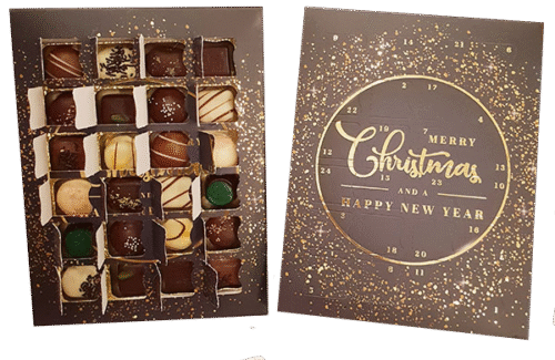 Коледна кутия календар Valentino 24 от Valentino Chocolatier България. Продукти от истински белгийски шоколад.
