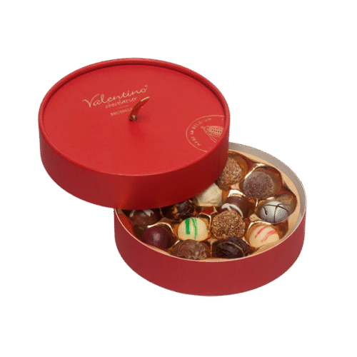 Кръгла кутия мини трюфели от Valentino Chocolatier България. Продукти от истински белгийски шоколад.